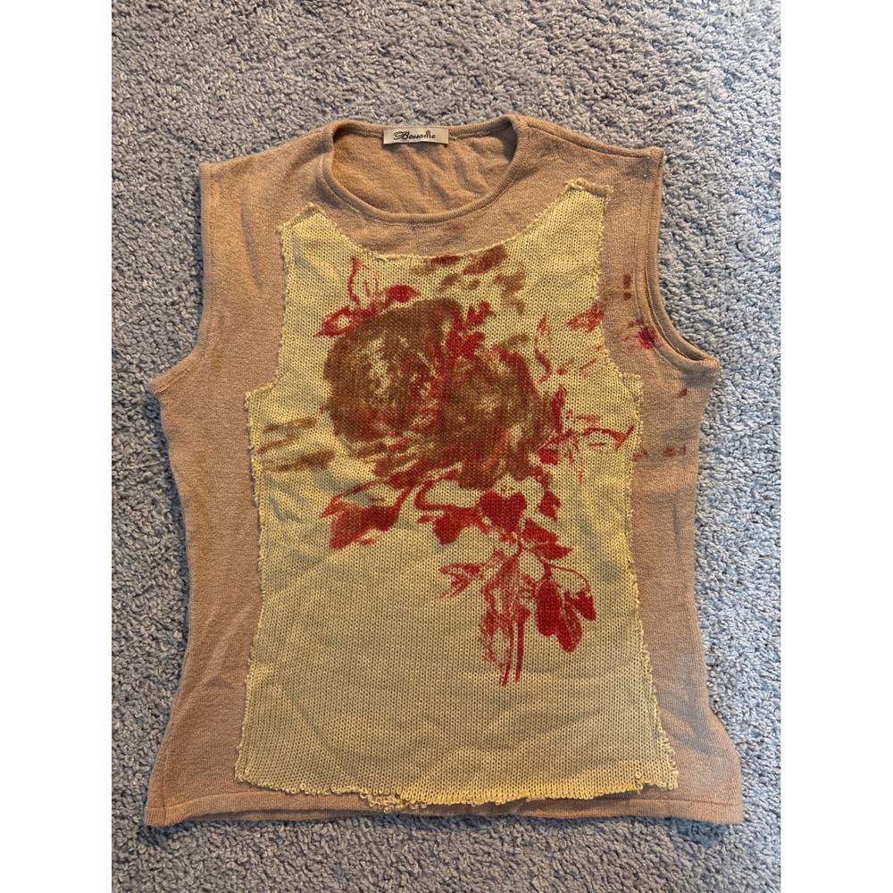 Y2K Bessamo Tan Knit Top Floral Distressed Patch Rose Graphic Turkey S/M
